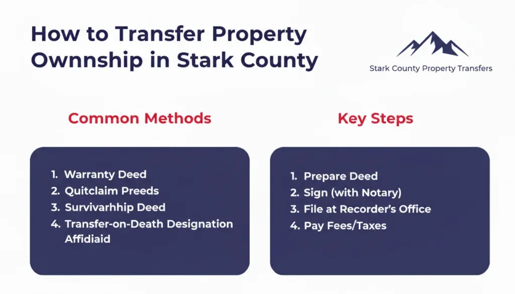Learn how to transfer property ownership in Stark County, Ohio, including deed types, filing steps, fees, and requirements through the County Auditor and Recorder.